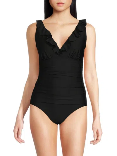 Dkny Women's Ruffled One Piece Swimsuit In Black