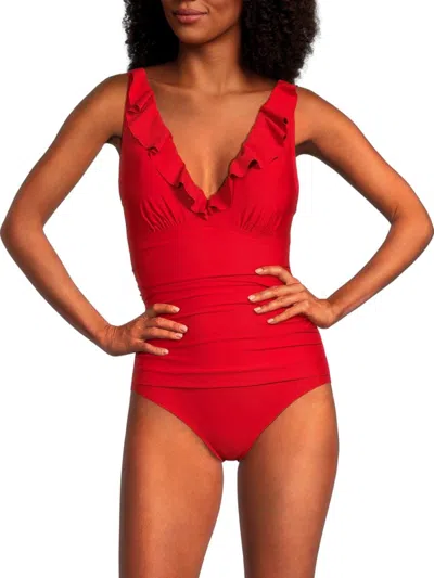 Dkny Women's Ruffled One Piece Swimsuit In Real Red