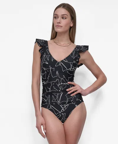 Dkny Women's Ruffled Underwire One-piece Swimsuit In Jumbo Outlined Floral Black Combo