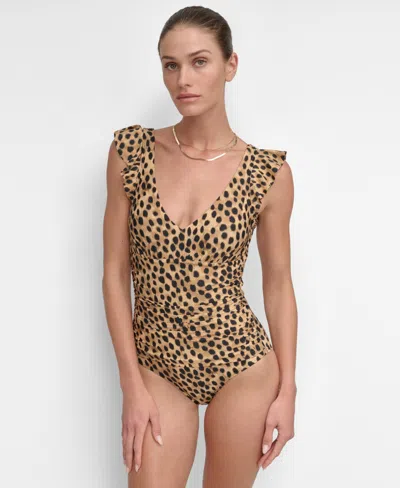 Dkny Women's Ruffled Underwire One-piece Swimsuit In Snow Leopard