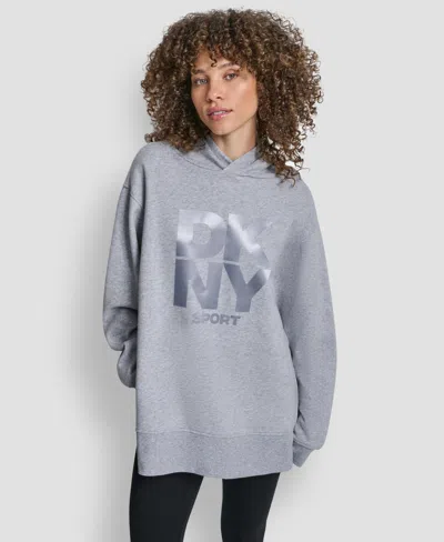 Dkny Women's Satin Logo Oversized Tunic Hoodie In Gray