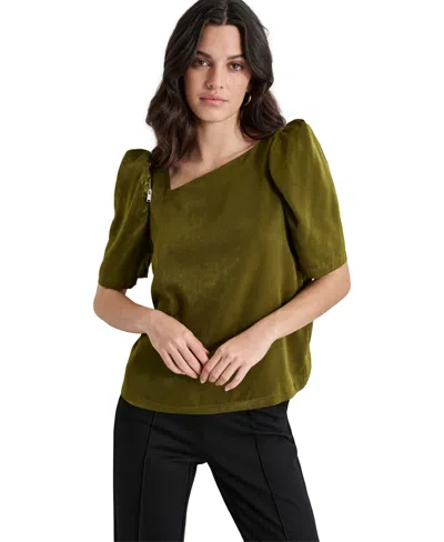 Dkny Women's Satin Puff-sleeve Blouse In Dark Olive