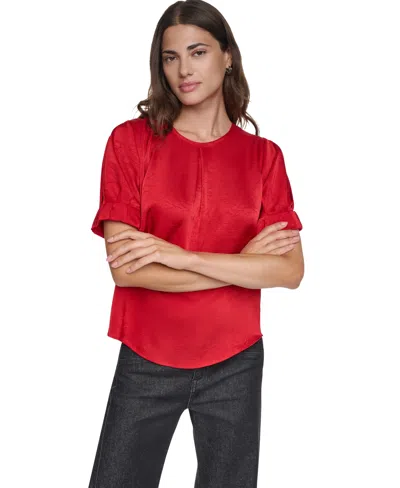 Dkny Women's Satin Roll-sleeve Slight-crease Crewneck Blouse In Red