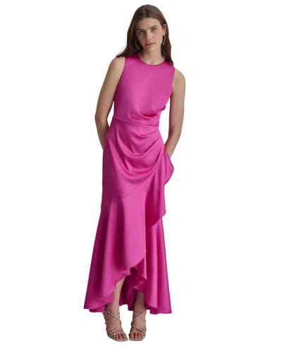 Dkny Women's Satin Ruched Ruffled Gown In Power Pink