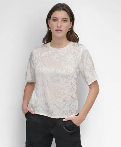 Dkny Women's Scribble-logo Jacquard Short-sleeve Top In Ivory