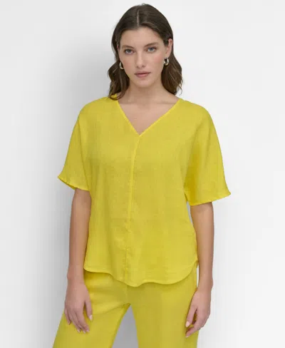 Dkny Women's Seamed-front V-neck Curved-hem Linen Blouse In Acid Yello