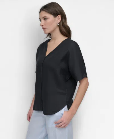 Dkny Women's Seamed-front V-neck Curved-hem Linen Blouse In Black