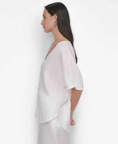 Dkny Women's Seamed-front V-neck Curved-hem Linen Blouse In White