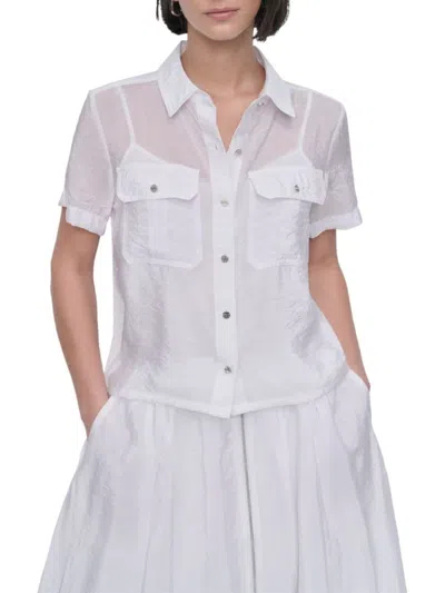 DKNY WOMEN'S SEMI SHEER TRIM POPLIN SHIRT