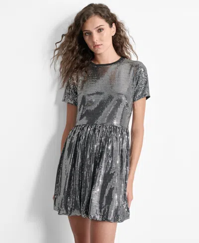Dkny Geo Sequin Minidress In Black,silv