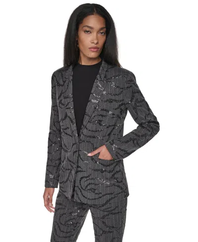 Dkny Women's Sequin Herringbone Stretch Blazer In Gray