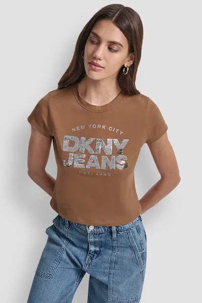 Dkny Women's Sequin Jeans Foil Type Logo Fitted Baby T-shirt In Brown