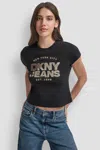 Dkny Women's Sequin Jeans Foil Type Logo Fitted Baby T-shirt In Black