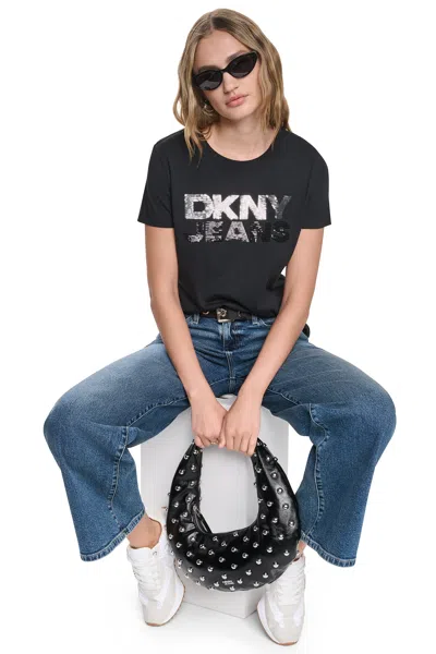 Dkny Women's Sequin Stacked Logo T-shirt In Black