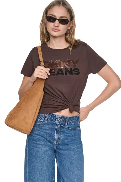 Dkny Women's Sequin Stacked Logo T-shirt In Brown