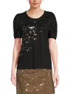 Dkny Women's Sequin Tiger Embellished Puff-sleeve Top In Black