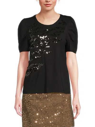 Dkny Women's Sequin Tiger Embellished Puff-sleeve Top In Black