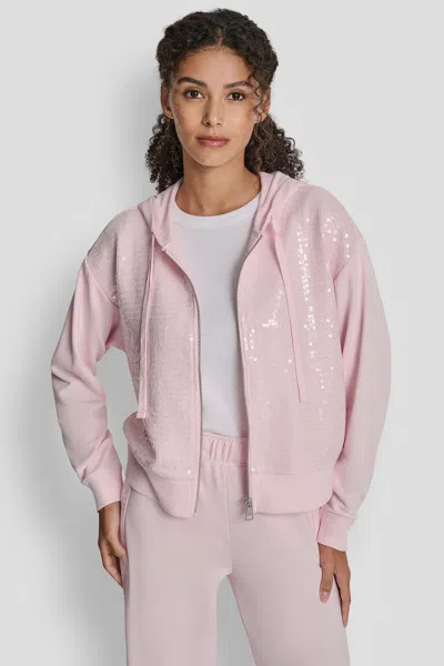 Dkny Women's Sequin Zip Front Hoodie In Pink