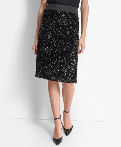 Dkny Women's Sequined Side-slit Pencil Skirt In Black