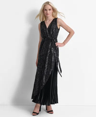 Dkny Women's Sequinned Pleated Tie-waist Evening Gown In Black