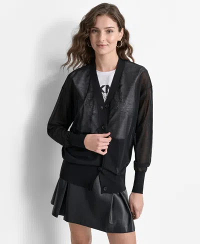 Dkny Relaxed Fit Sheer Cotton Blend Cardigan In Black