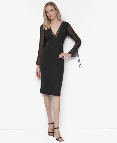 Dkny Women's Sheer Long Sleeve V-neck Midi Dress In Black