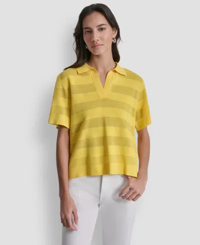 Dkny Women's Sheer Striped Collared Short-sleeve Polo Shirt In Yellow