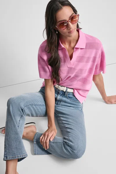 Dkny Women's Sheer Striped Polo Sweater In Pink