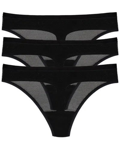 Dkny Women's Sheer Striped Thongs, 3-pack Set In Black