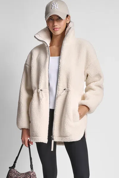 Dkny Women's Sherpa Mock Neck Curved Hem Jacket With Ticking In White