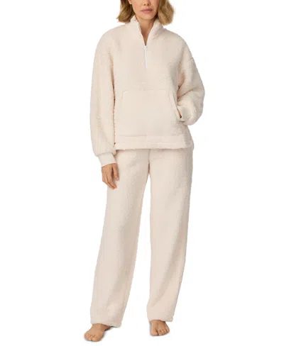 Dkny Women's Sherpa Quarter-zip Long-sleeve Top And Long Pants, 2-piece Pajama Set In White