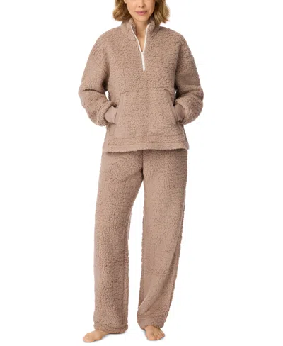 Dkny Women's Sherpa Quarter-zip Long-sleeve Top And Long Pants, 2-piece Pajama Set In Neutral