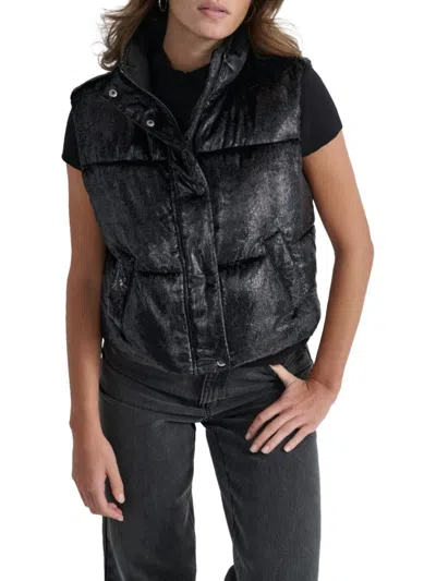 Dkny Women's Shimmer Velvet Regular Fit Puffer Vest In Gray