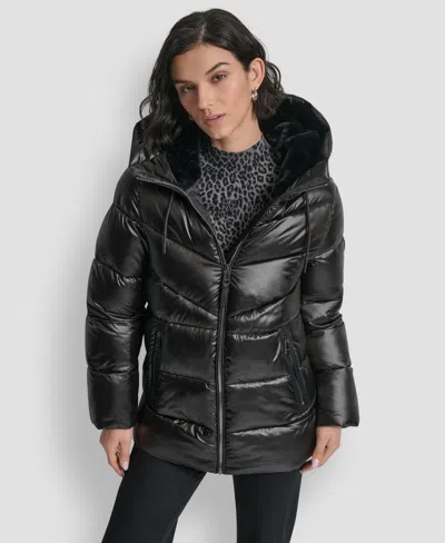 Dkny Women's Shine Hooded Puffer Coat In Black