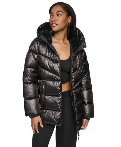 Dkny Women's Shine Hooded Puffer Coat In Black
