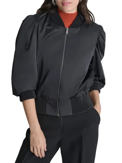 Dkny Women's Shine Sateen Puff-sleeve Bomber In Black