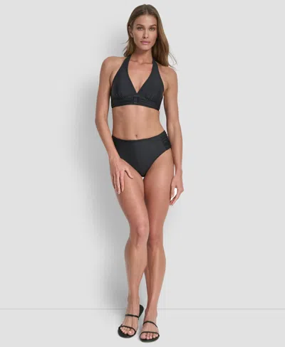 Dkny Women's Shirred Buckle Front V-neck Halter Top In Black