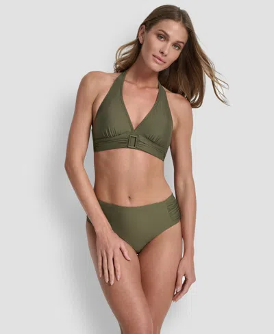 Dkny Women's Shirred Buckle Front V-neck Halter Top In Green