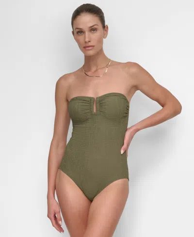 Dkny Women's Textured Shirred One-piece Swimsuit In Moss Texture
