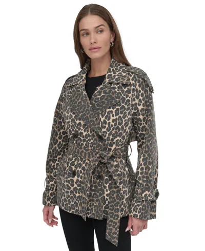 Dkny Women's Short Belted Double-breasted Trench Coat In Leopard
