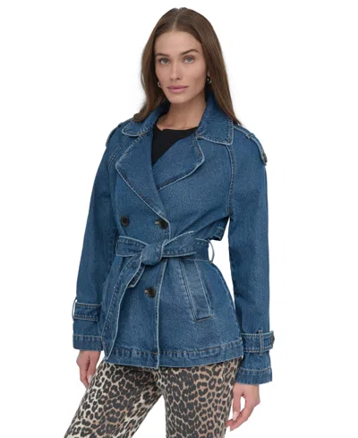 Dkny Women's Short Belted Double-breasted Trench Coat In Washed Denim
