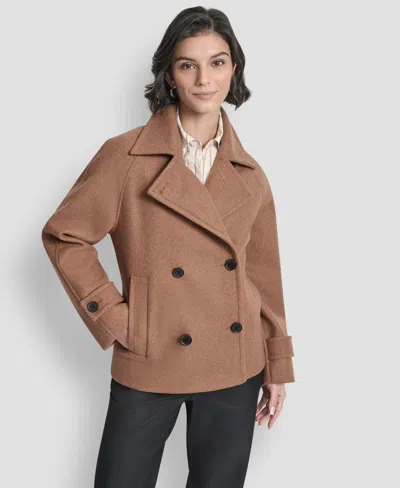 Dkny Women's Short Double Breasted Collared Coat In Brown