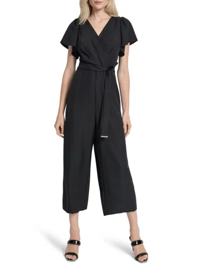 Dkny Women's Short Flutter-sleeve Surplice Jumpsuit In Black