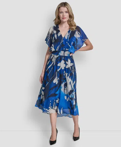 Dkny Women's Short Flutter Sleeve V Neck Smocked Waist Floral Midi Dress In Blue