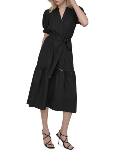 Dkny Women's Short Puff-sleeve Tiered Midi-dress In Black