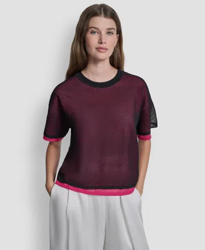 Dkny Women's Short-sleeve Boxy 2-layer Mesh Sweater In Black