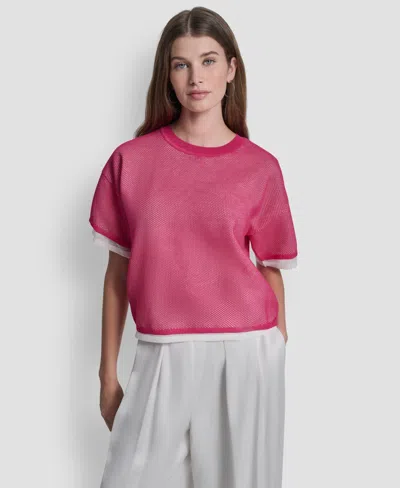 Dkny Women's Short-sleeve Boxy 2-layer Mesh Sweater In Pink