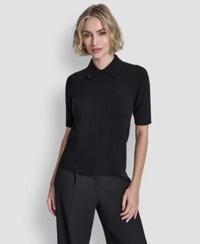 Dkny Women's Short-sleeve Collared Sweater In Black