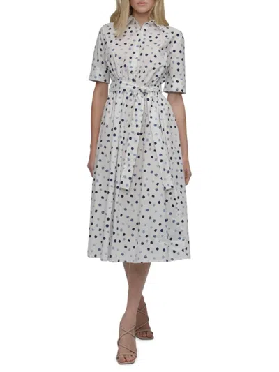 Dkny Women's Short Sleeve Dotted Midi Shirtdress In Silver Dot