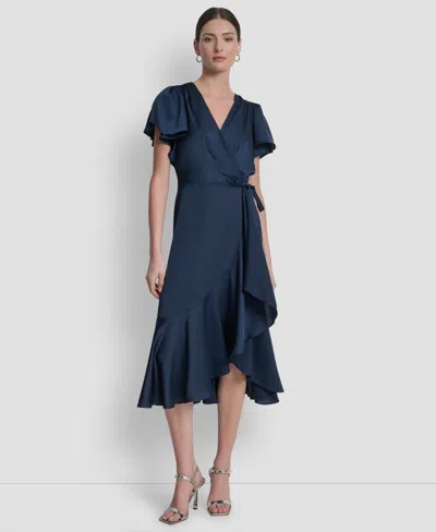 Dkny Women's Short Sleeve Faux Wrap Midi Dress In Blue